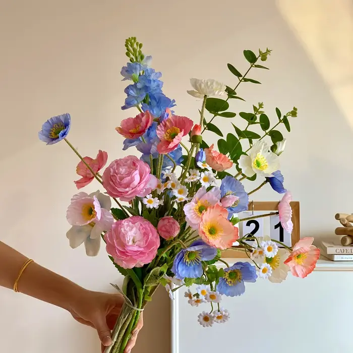 Bouquet de 11 tiges de fleurs artificielles mélangées de pavot de Inde pour l'aménagement des salons et des salles à manger