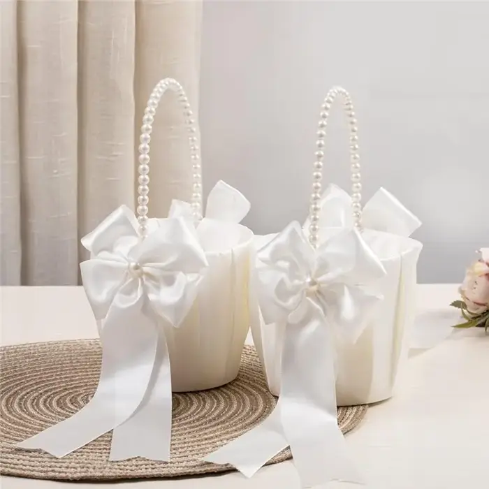 Panier à fleurs pour demoiselles d'honneur BSEVB avec nœud en satin et poignée en perles