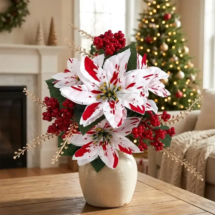 Bouquet de Poinsettias Artificiels Résistants aux UV, Feuilles Luxuriantes Réalistes, Baies de Poinsettia, Bouquet Floral, Aiguilles de Pin, Cônes de Pin