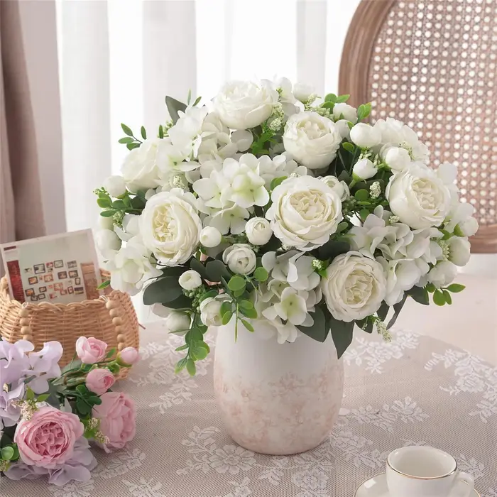 Fleur Artificielle en Soie Pivoine Hortensia Décoration Maison Jardin Extérieur Mariage Couronne de Mariée Accessoires Bouquet Accessoire Très Vendu