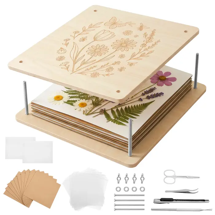 Kit de presse à fleurs 11"x11" DIY, kit professionnel de pressage de fleurs et de feuilles, outil de pressage de plantes en bois à 10 couches pour l'artisanat