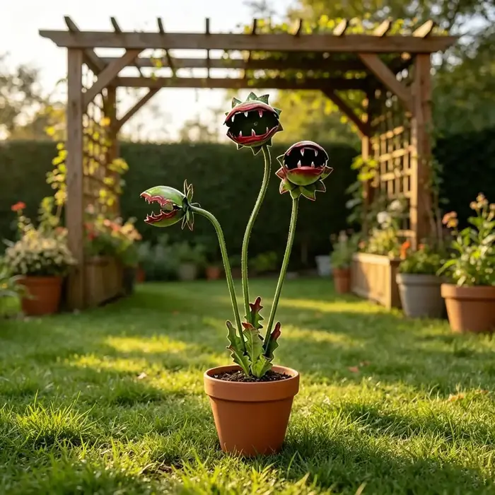 Piquet de jardin en métal en forme de plante carnivore