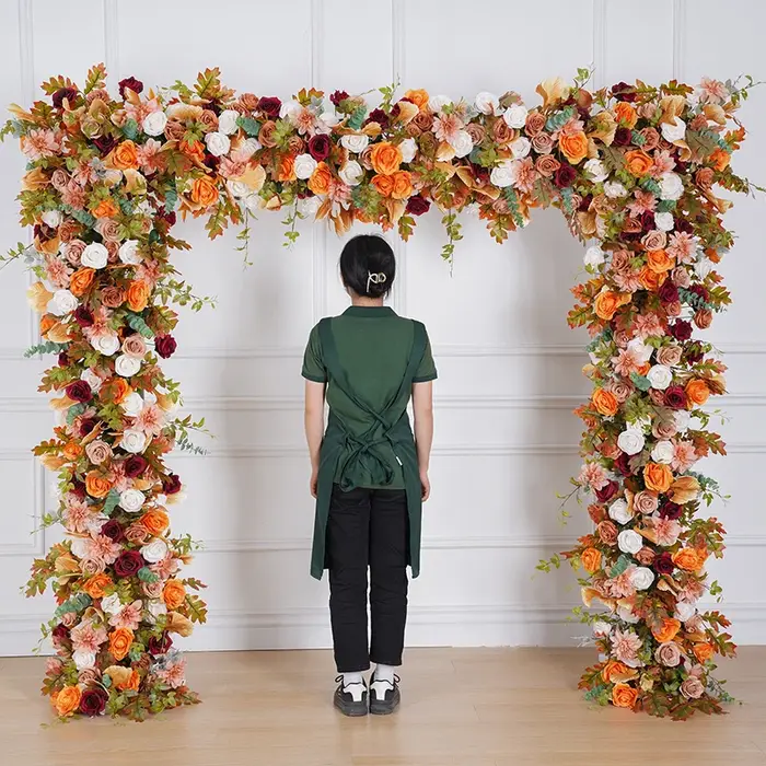 Automne Orange Rose Dahlia feuilles d'érable Arrangement de rangées florales toile de fond de mariage cadre en arc décor fête événement scène support de fleurs