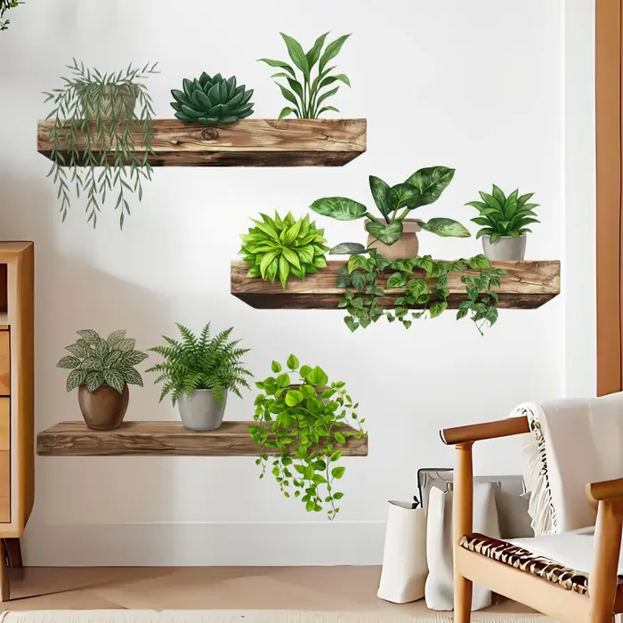 Autocollant mural en vinyle imperméable avec plantes vertes en pot pour la chambre à coucher, le sal