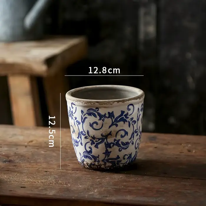 Pot de fleur en céramique de poterie bleue et blanche antique chinoise, orchidée, papillon, hydrocul