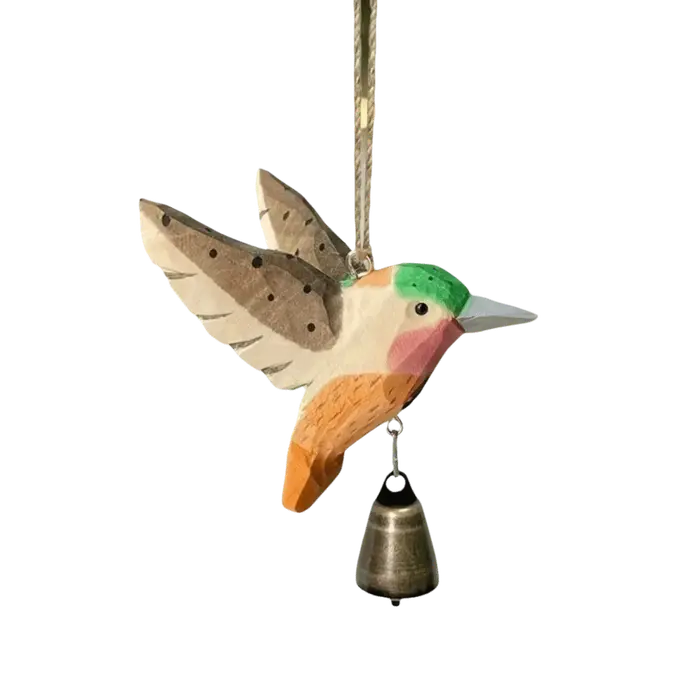 Figurine d'oiseau colibri sculptée à la main en bois avec clochette
