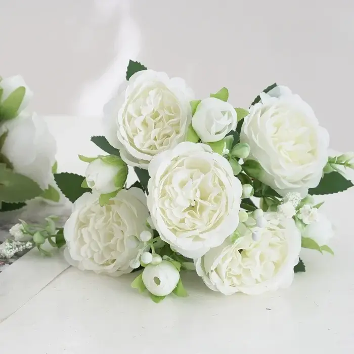 Bouquet de pivoines artificielles d'aloès vert, fausses fleurs en soie, Simulation décorative de sal