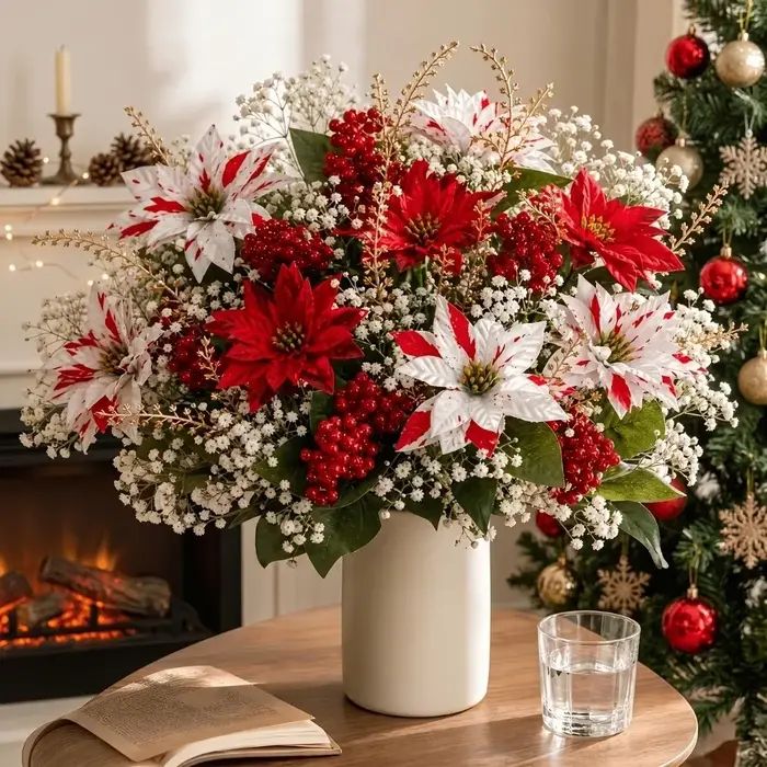 Bouquet de poinsettia artificiel résistant aux UV, baies rouges réalistes, bouquet floral de poinsettia, pommes de pin, feuilles luxuriantes