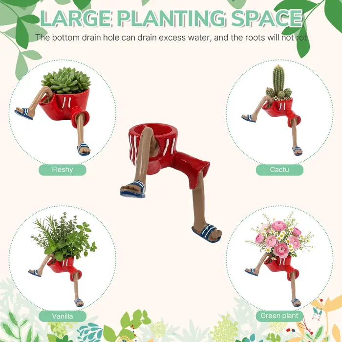 Jardinière créative unique en forme de jambe humaine avec trou de drainage, pots de fleurs pour succulentes, cactus et petites plantes vertes