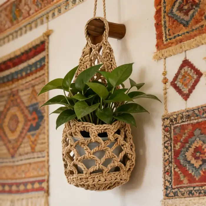 Panier suspendu pour plantes en corde de coton tissée à la main