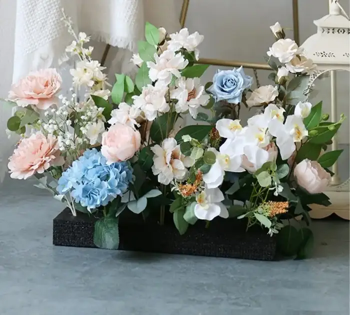 Blush blanc bleu clair fleurs artificielles décoration de mariage Pastel rose coin Swag arc fleur Arrangenmet Table pièce maîtresse