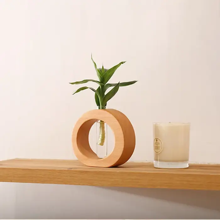 Vase en bois de noyer rond pour tubes à essai – Pot hydroponique minimaliste