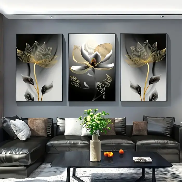 Impressions sur toile d'art floral surdimensionnées de luxe moderne 3 pièces-Design de fleur de lotus doré et noir sans