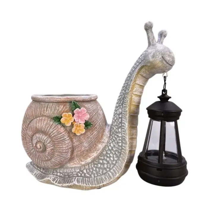 Statue de Escargot en Résine, Pot de Plantes Écologique Résistant au Soleil, Pot de Fleurs Décoratif en Résine avec Lumière LED Chaude, Vase de Jardin