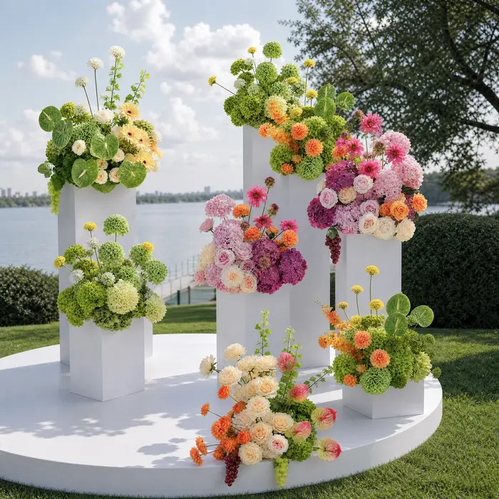 Angela A9143 Arrangement floral artificiel en hydrangeas et palmiers pour allée