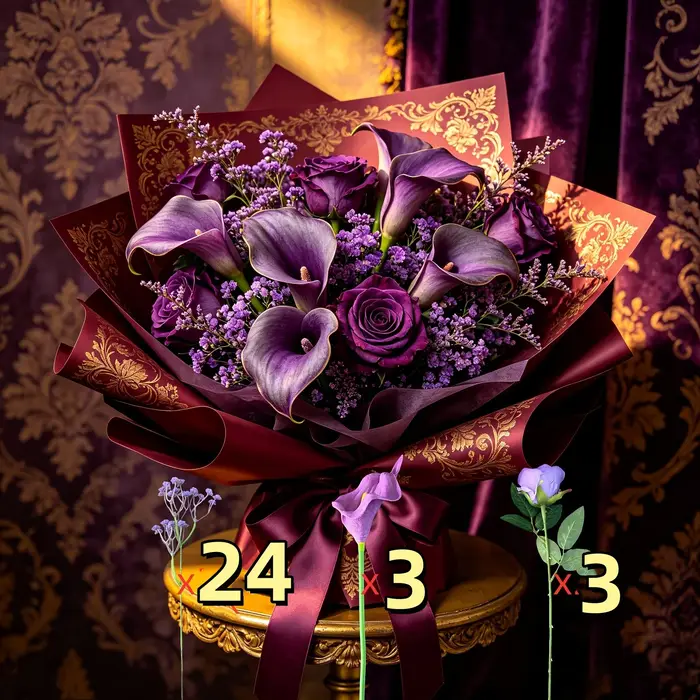Ensemble de 30 fleurs artificielles de haute qualité, composé de lys calla violets, gypsophile et ro