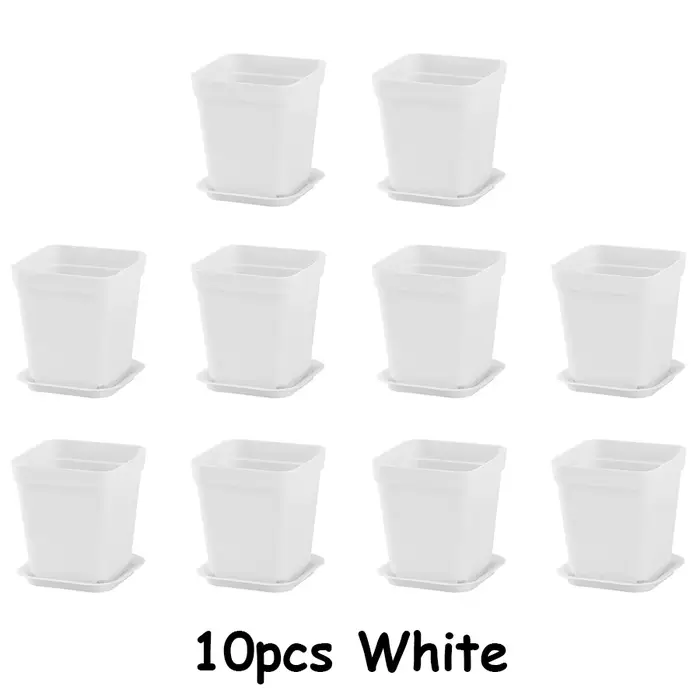 10 pots de plantes carrés en plastique blanc de 7 cm avec plateaux de drainage - Idéal