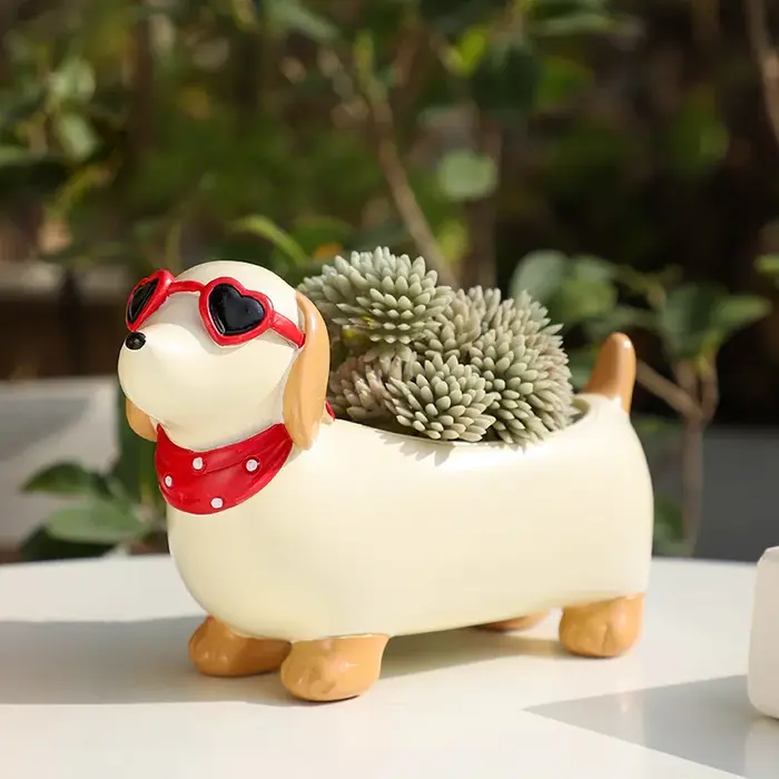 Pot à succulentes en résine en forme de Teckel mignon - Adorable pot de fleurs en forme de chien avec trou de drainage pour plantes d'intérieur, bureau et décoration de la maison