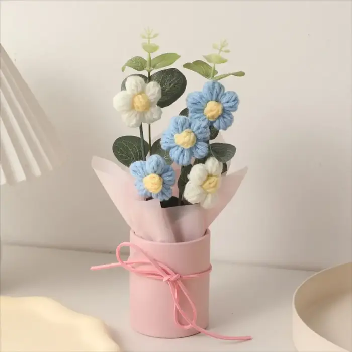 Fleurs en crochet tricotées colorées avec pot, plante artificielle tissée à la main, fleur simulée, 