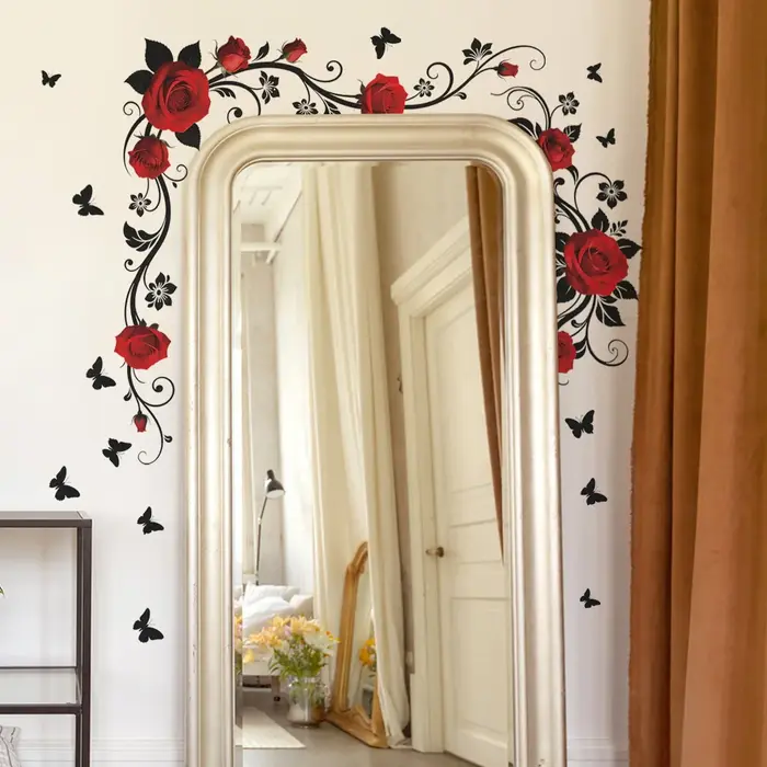 Sticker mural papillon et fleurs rouges