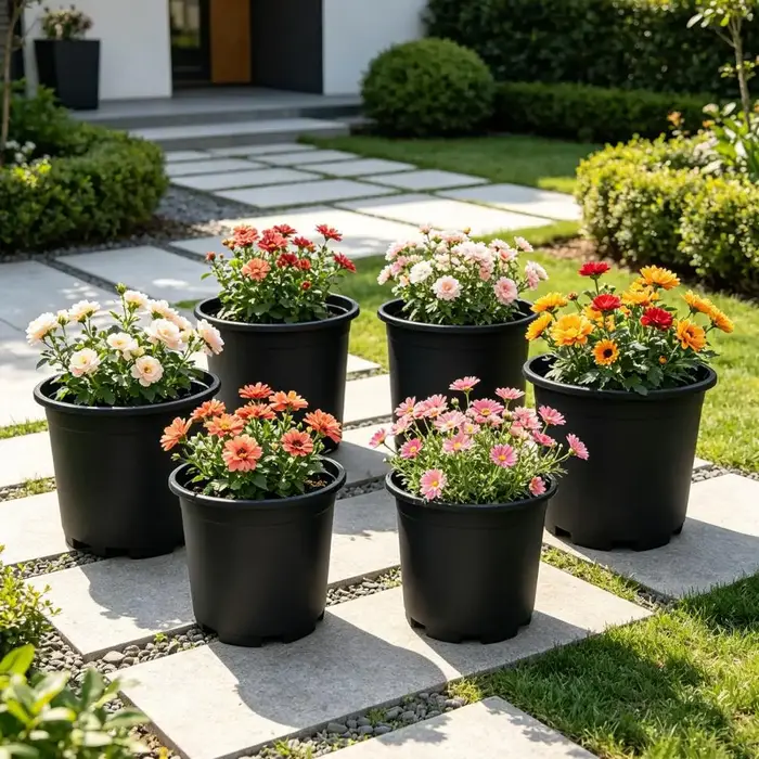 Pot de fleurs d'intérieur en plastique noir avec trous de drainage