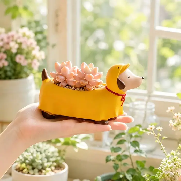 Pot de fleurs en résine en forme de teckel à capuche, pot de plantes miniature, décoration de bureau, balcon, maison, jardin, cadeau pour les amoureux des plantes