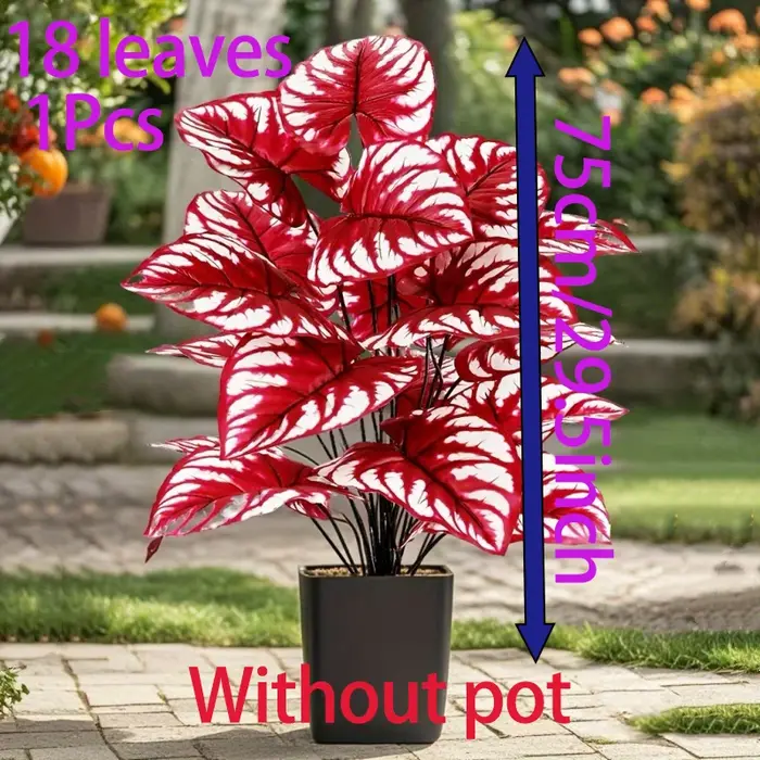 1 pièce de plante artificielle à feuilles rouges et rayures blanches pour extérieur et intérieur