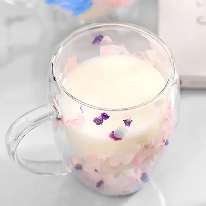 Tasse à café à double paroi de fleurs séchées, tasses en verre de fleurs séchées, tasse de fleurs créatives uniques avec poignée, tasse anti-brûlure, 350ml