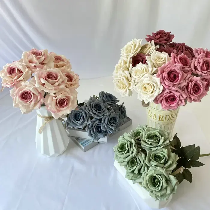 Fleurs artificielles en soie diamant Roses Bouquets maison chambre décoration Simulation fleur haricot couleur sable Rose Bouquet plante