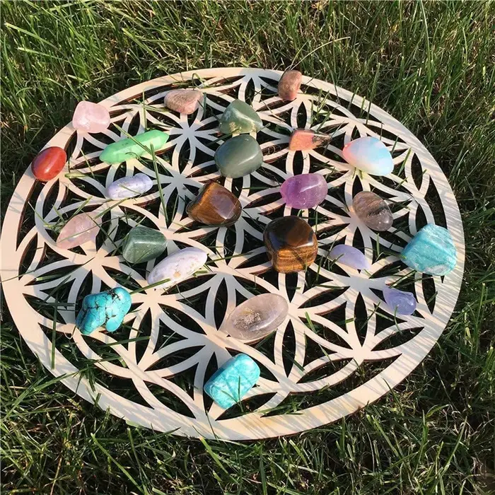 Planche à grille en bois et cristal, fleur de vie, Chakra géométrique sacré, décoration murale artistique, décoration spirituelle pour la maison, pour le Yoga/Méditation