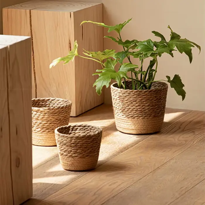 Panier de rangement en rotin tressé à la main pour plantes et fleurs