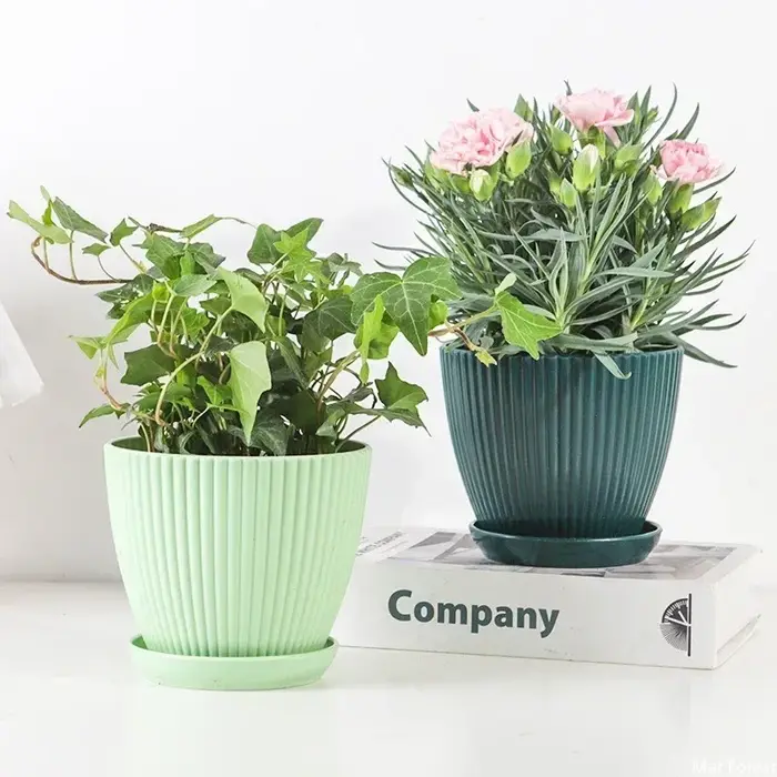 Pot de fleur en plastique plantes rondes succulentes Pot jardinières à rayures verticales avec plateau décoration intérieure de bureau à domicile