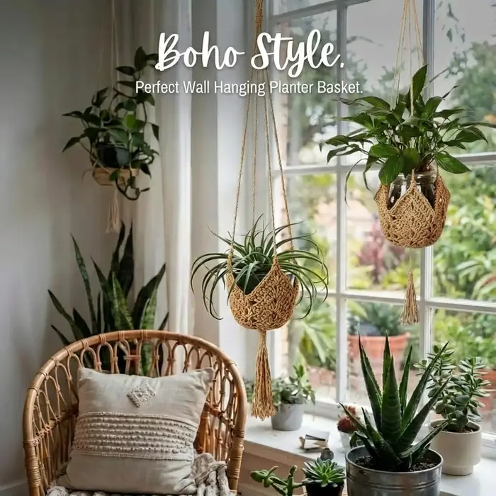 Support de plante en macramé long en jute pour pots de 3 à 12 pouces avec crochets en forme de S pour la décoration de la maison (marron)