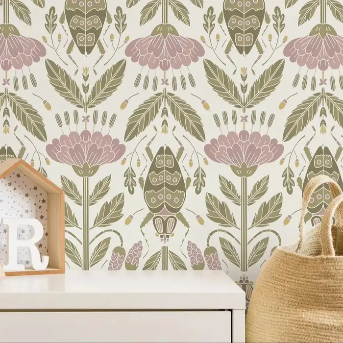 Papier peint Floral rose et coccinelle
