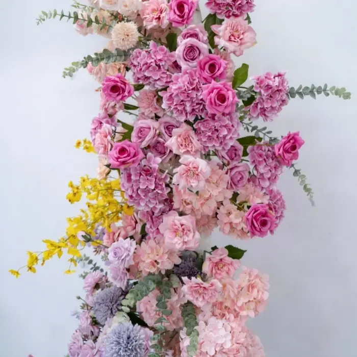 Violet Rose Hortensia Delphinium fleur rangée mariage toile de fond corne arc décor Arrangement Floral fenêtre affichage accessoires A8270