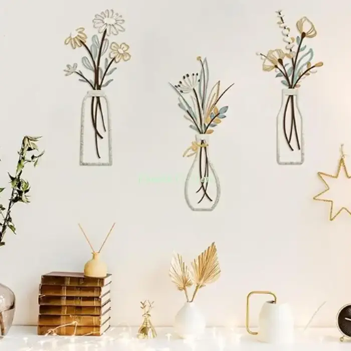 X90f 3 pièces Contemporain Flower Mur Sculpture Set Metal Vases
