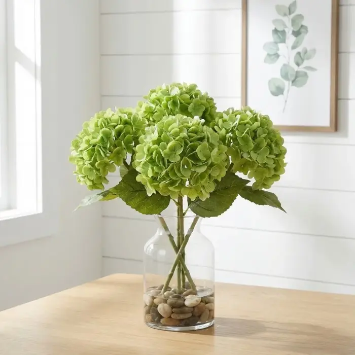 Hydrangea Macrophylla artificielle, fleur d'hortensia, feuille verte, branche de fleur artificielle faite à la main, fleur artificielle au toucher réel