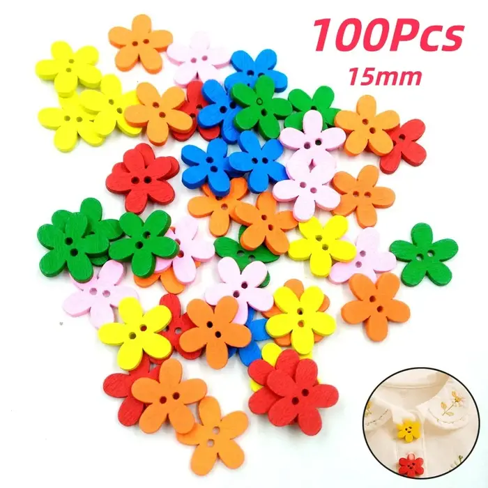 100 boutons décoratifs en bois en forme de fleur, 2 trous, couleurs assorties, pour couture et loisi