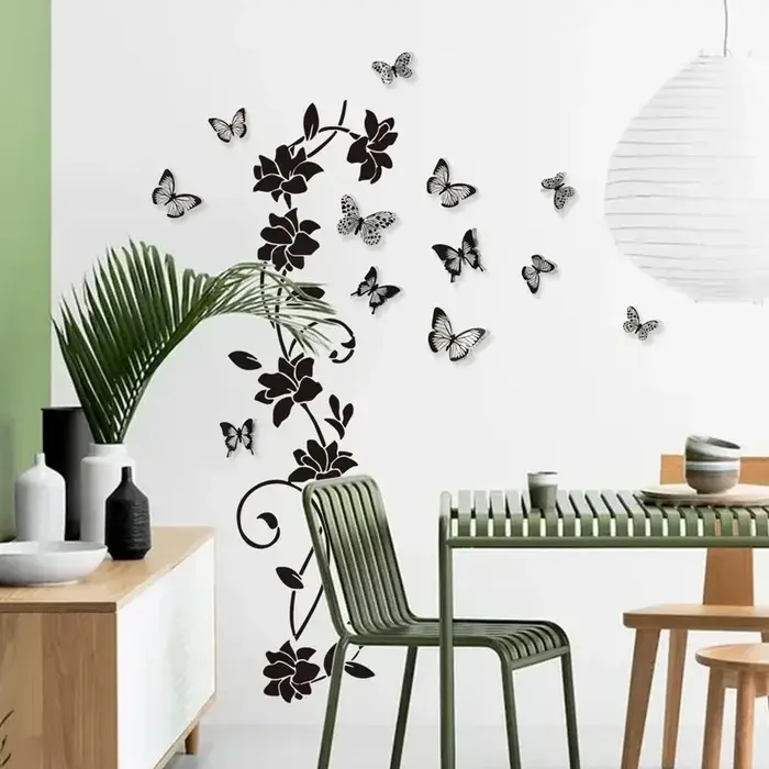 Autocollant mural 3D papillon et fleurs noires