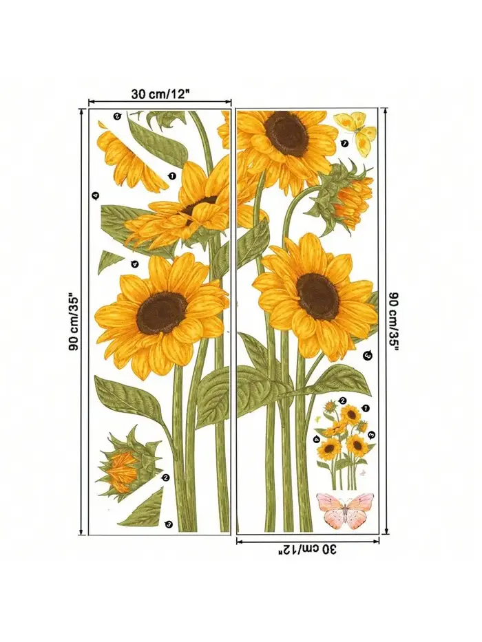 2 pièces d'autocollants muraux papillon tournesol pour salon