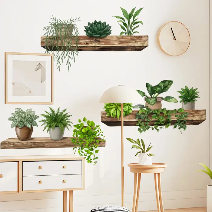 Autocollant mural en vinyle imperméable avec plantes vertes en pot pour la chambre à coucher