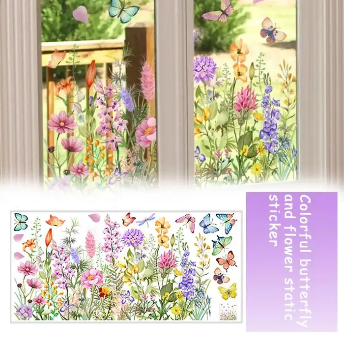 Autocollant mural statique coloré papillon et fleur
