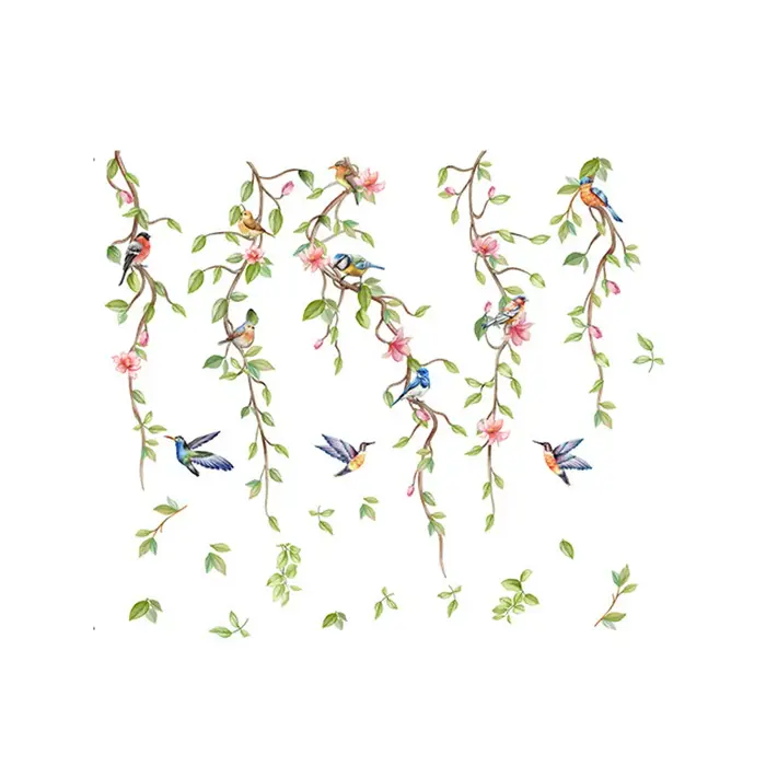 Autocollant mural Branches fleurs oiseaux