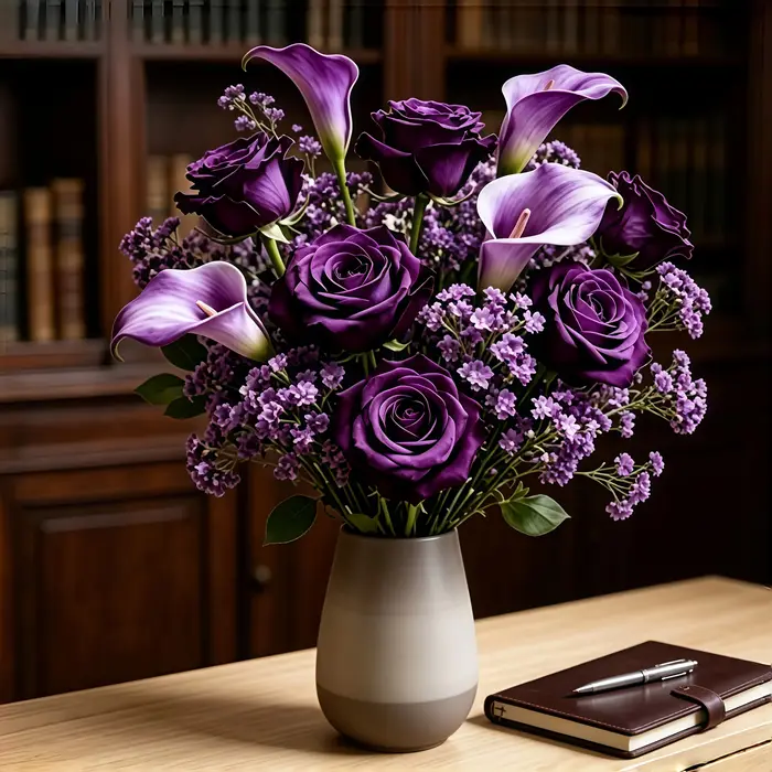 16 pièces (sans vase : 3 roses violettes + 3 lys calla violets + 10 fleurs de gypsophile violette) Bouquet de fleurs artificielles violettes, comprenant des roses violettes, des lys calla et des fleur
