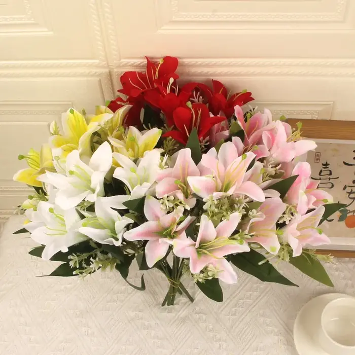 Grand Bouquet de fleurs artificielles en soie de lys de 13.8 pouces