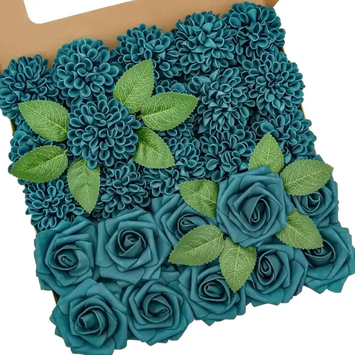 Rose artificielle et Dahlia bleu sarcelle foncé