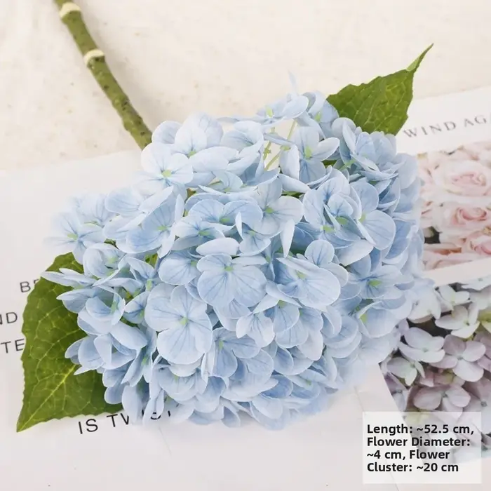 Hydrangea Macrophylla artificielle, fleur d'hortensia, feuille verte, branche de fleur artificielle faite à la main, fleur artificielle au toucher réel
