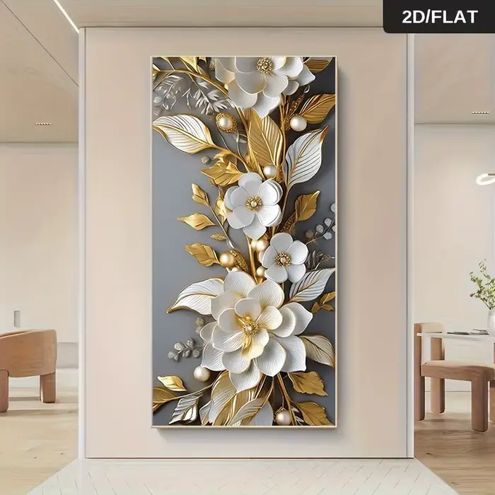 1 peinture sur toile moderne et luxueuse avec des fleurs dorées et blanches, décoration en perles, peinture suspendue sans cadre, pour salon