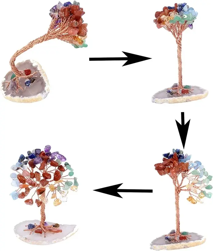 Mini arbre à argent en cristal enveloppé de fil de cuivre avec base en tranche d'agate