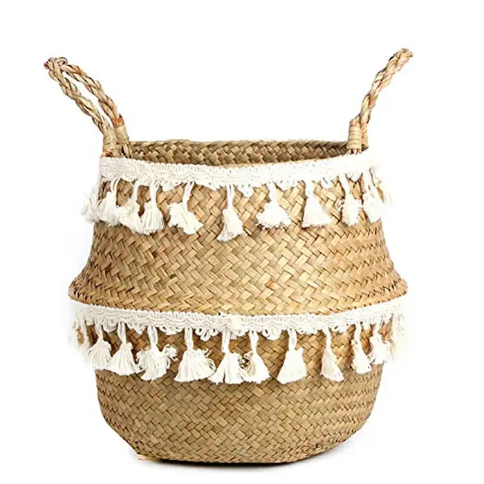 Boho décor paniers en osier rangement tissé à la main panier en rotin Pot pliable avec poignée plant